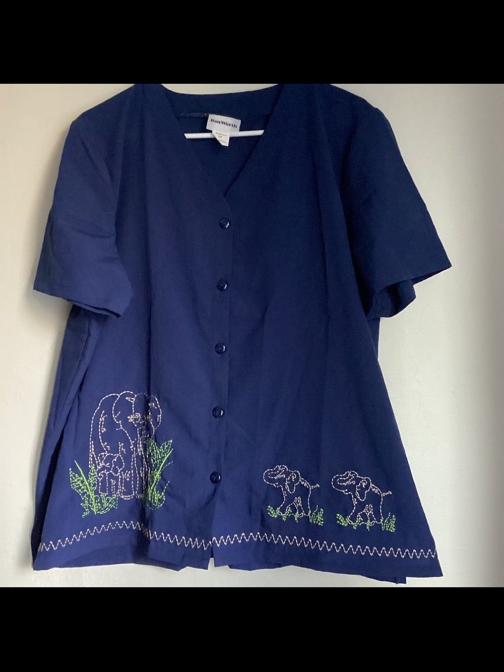 BonWorth Navy Button-Front Top with Elephant Embroidery